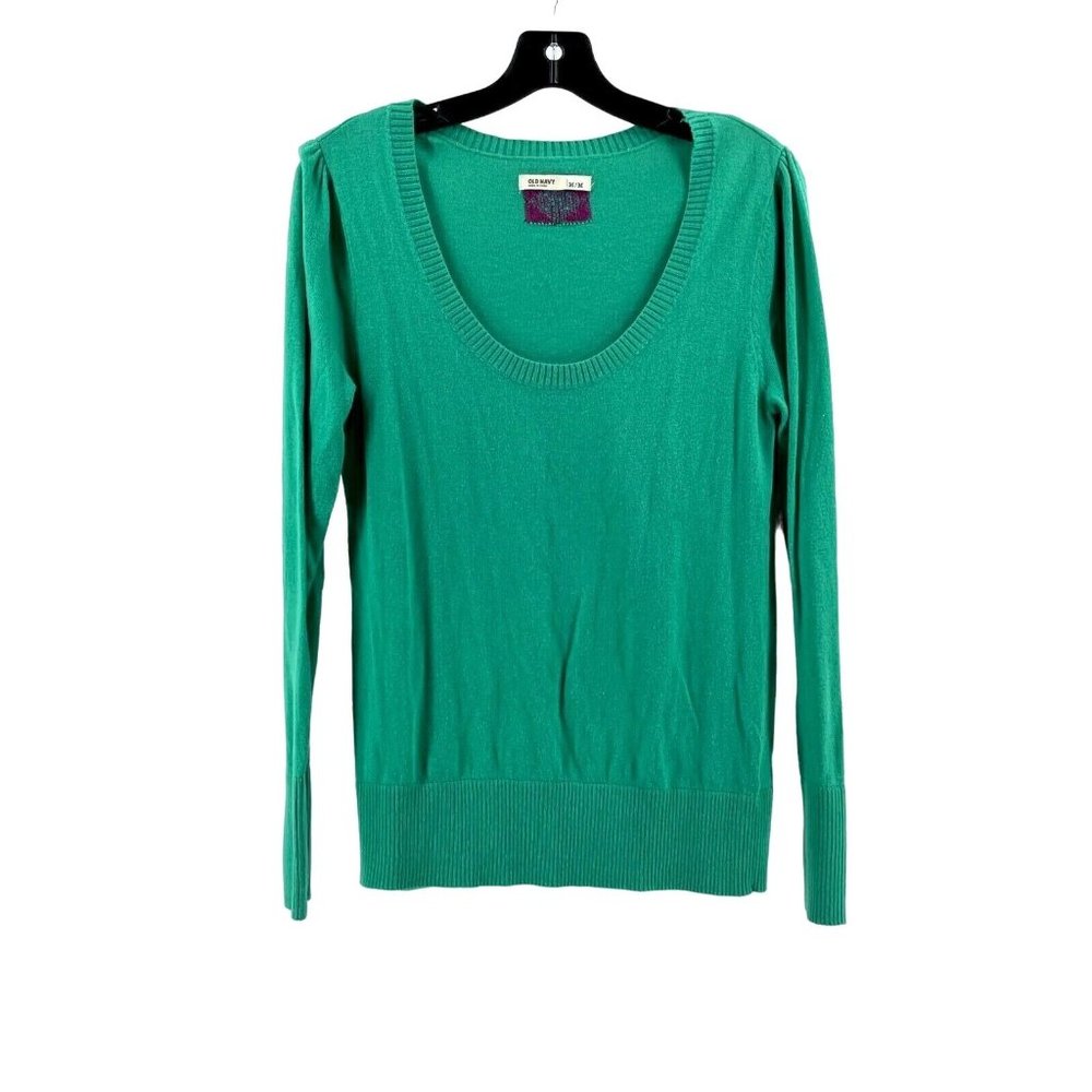 Old Navy Women's Green Knit Long Sleeve Sweater Argyle Scoop Neck Size M